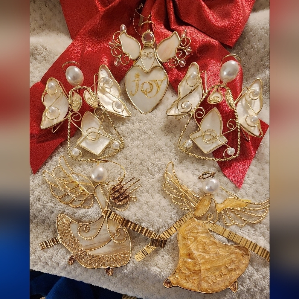 Angel Ornaments Vintage Gold White Pearl Metal Frosted Stained Glass Set/5